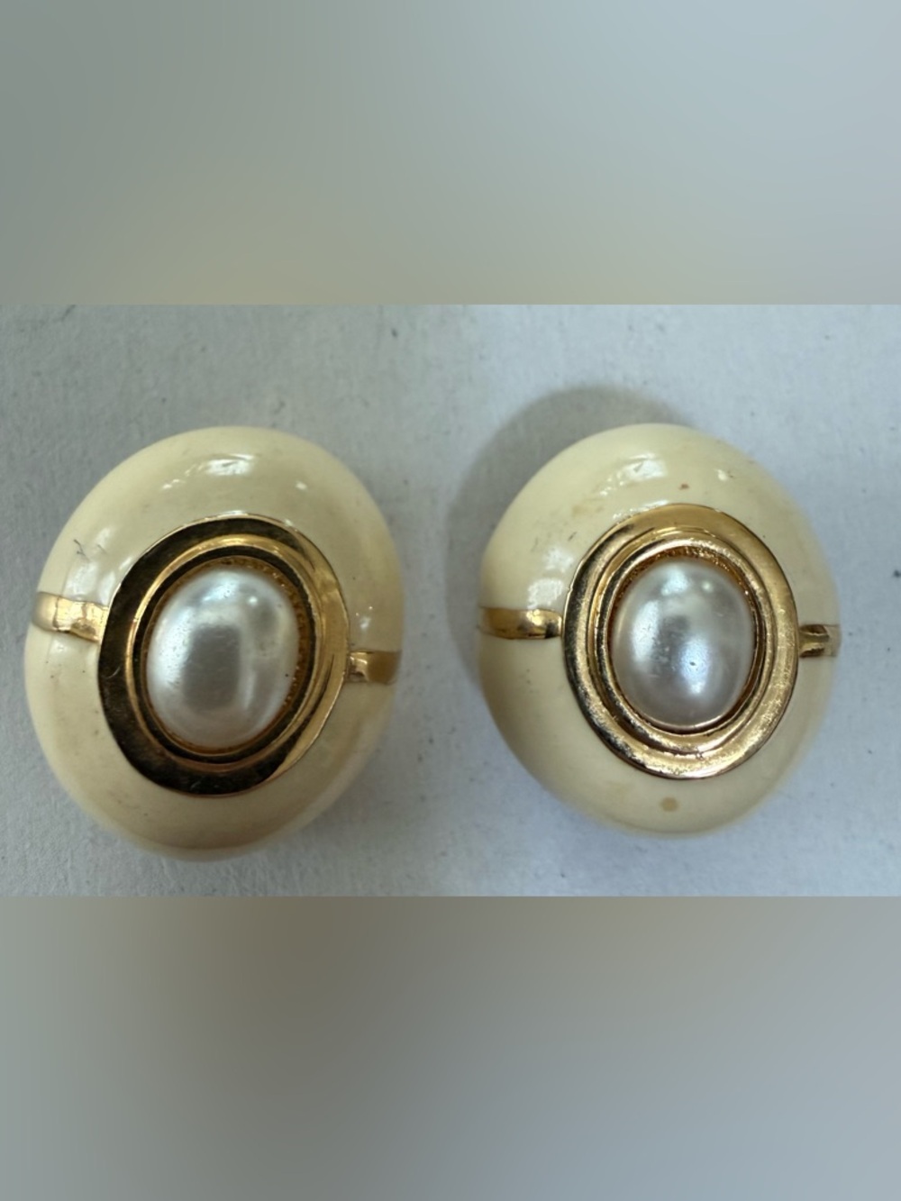 Vintage ST JOHN Cream Enamel & Faux Pearl Chunky Earrings